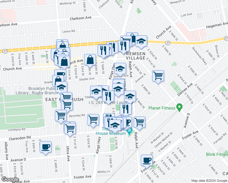 map of restaurants, bars, coffee shops, grocery stores, and more near 5703 Tilden Avenue in Brooklyn