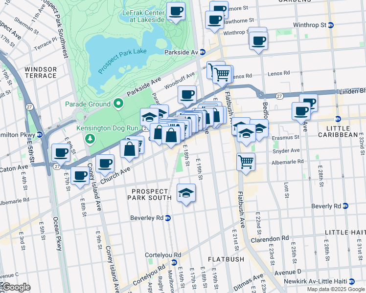 map of restaurants, bars, coffee shops, grocery stores, and more near 108 East 18th Street in Brooklyn