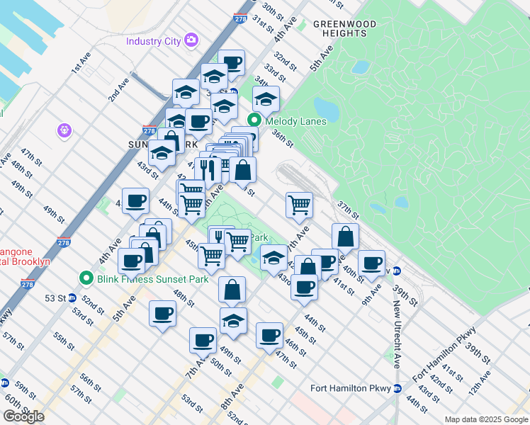 map of restaurants, bars, coffee shops, grocery stores, and more near 619 41st Street in Brooklyn