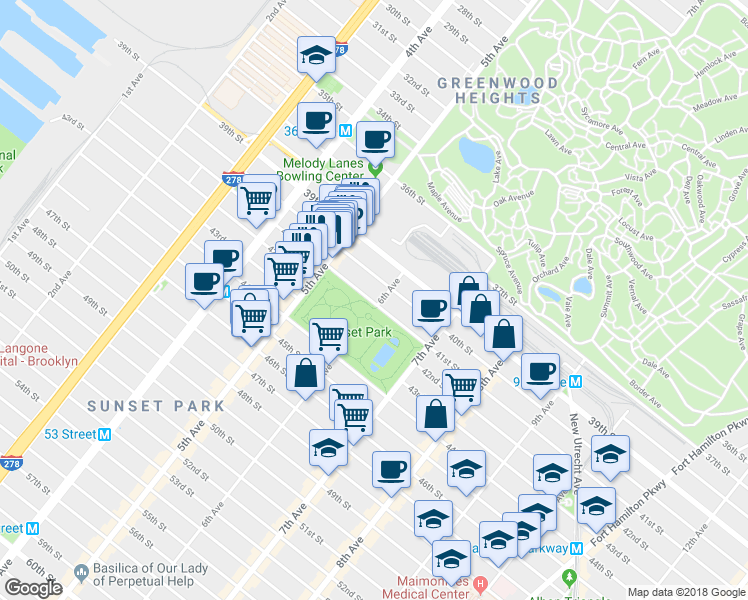 map of restaurants, bars, coffee shops, grocery stores, and more near 619 41st Street in Brooklyn