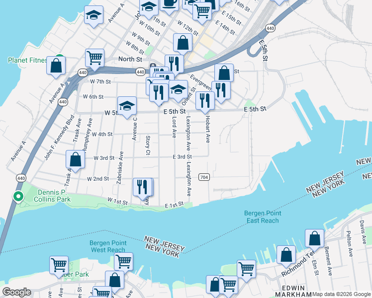 map of restaurants, bars, coffee shops, grocery stores, and more near 47 East 3rd Street in Bayonne