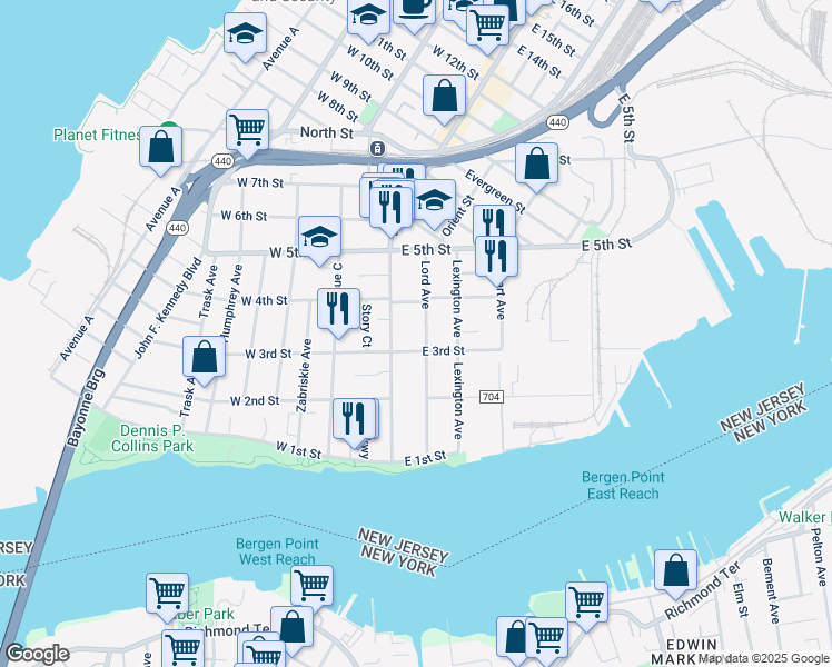 map of restaurants, bars, coffee shops, grocery stores, and more near 22 East 3rd Street in Bayonne