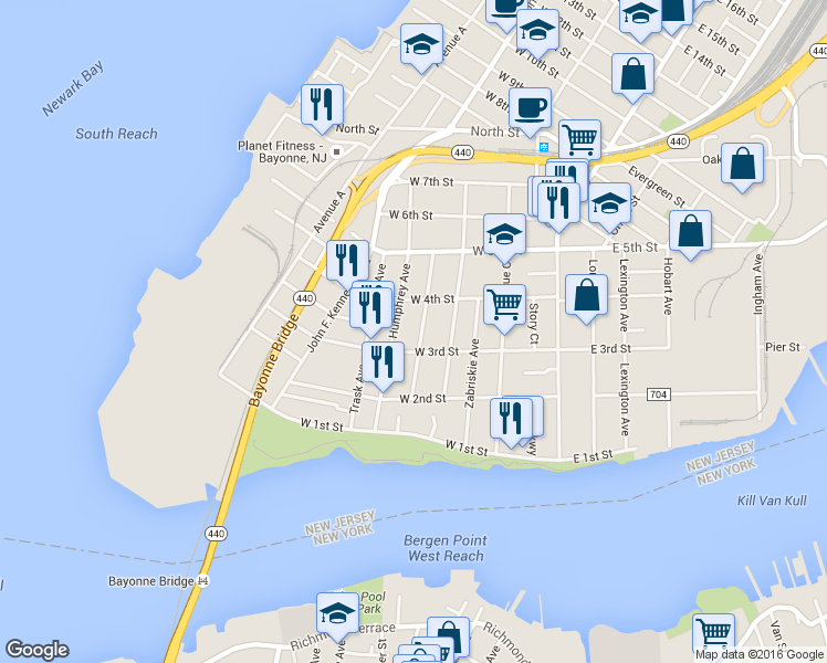 map of restaurants, bars, coffee shops, grocery stores, and more near 115 West 3rd Street in Bayonne