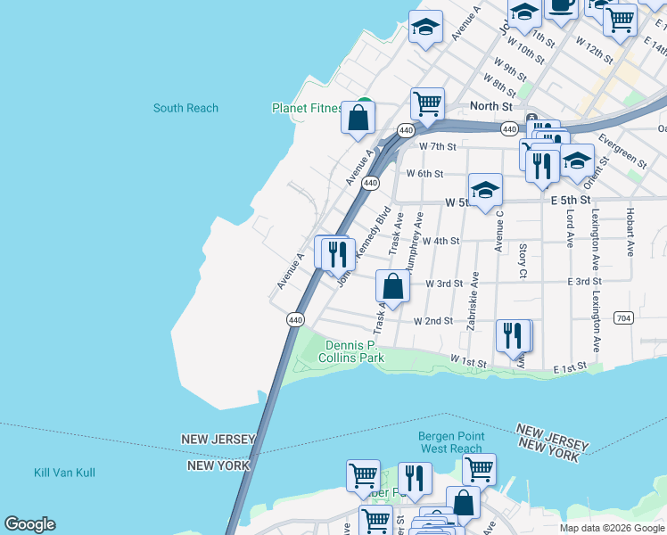 map of restaurants, bars, coffee shops, grocery stores, and more near 392 Bayonne Bridge in Bayonne