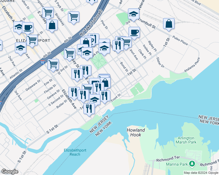 map of restaurants, bars, coffee shops, grocery stores, and more near 77 Broadway in Elizabeth