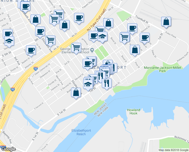 map of restaurants, bars, coffee shops, grocery stores, and more near 116 East Jersey Street in Elizabeth