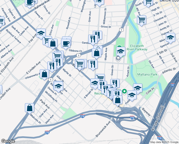 map of restaurants, bars, coffee shops, grocery stores, and more near 725 Bayway Avenue in Elizabeth