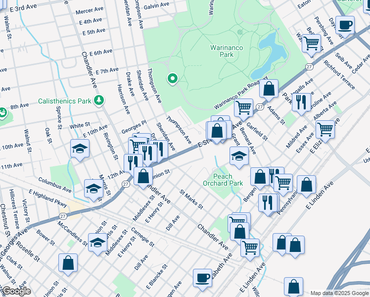 map of restaurants, bars, coffee shops, grocery stores, and more near 1440 East Saint Georges Avenue in Linden