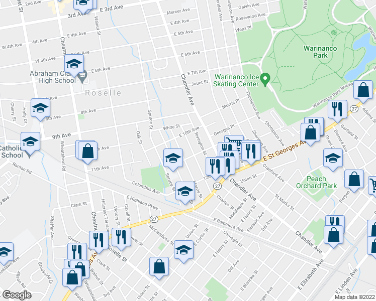 map of restaurants, bars, coffee shops, grocery stores, and more near 1100 Frank Street in Roselle