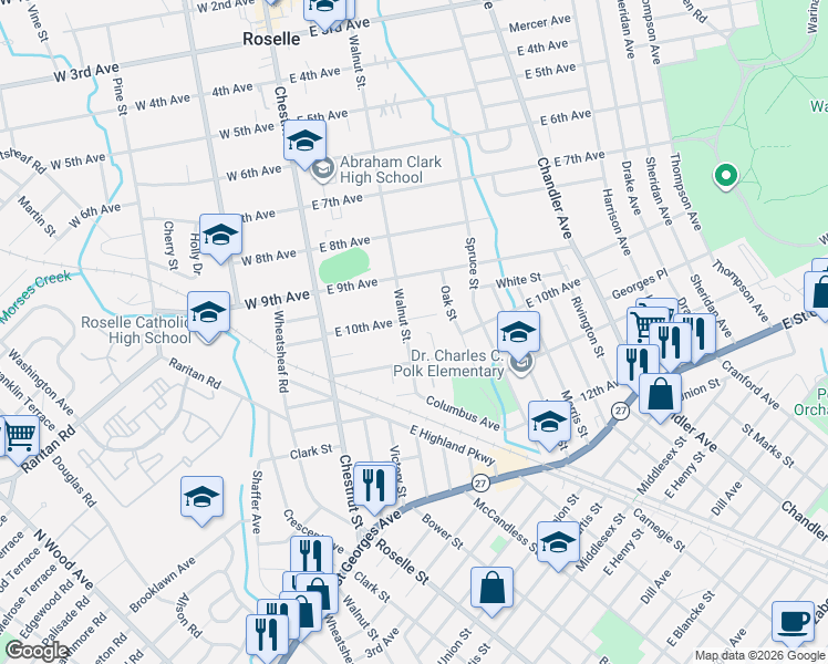 map of restaurants, bars, coffee shops, grocery stores, and more near 201 11th Avenue in Roselle