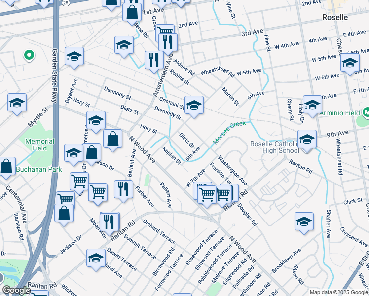 map of restaurants, bars, coffee shops, grocery stores, and more near 547 Hory Street in Roselle