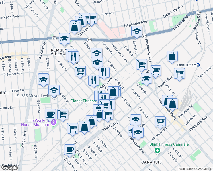 map of restaurants, bars, coffee shops, grocery stores, and more near 803 East 92nd Street in Brooklyn