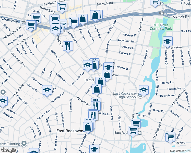 map of restaurants, bars, coffee shops, grocery stores, and more near 280 Atlantic Avenue in East Rockaway