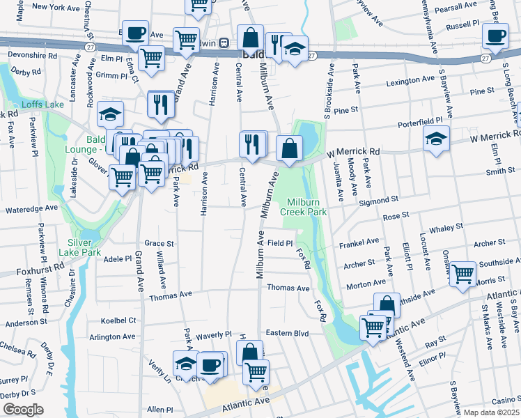 map of restaurants, bars, coffee shops, grocery stores, and more near 2538 Milburn Avenue in Baldwin