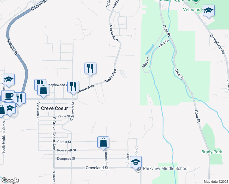 map of restaurants, bars, coffee shops, grocery stores, and more near 840 Highview Street in Creve Coeur