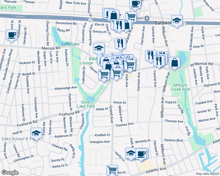 map of restaurants, bars, coffee shops, grocery stores, and more near 2527 Grand Avenue in Baldwin