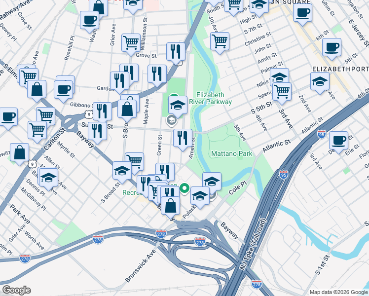 map of restaurants, bars, coffee shops, grocery stores, and more near 616 Clarkson Avenue in Elizabeth
