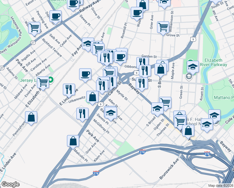 map of restaurants, bars, coffee shops, grocery stores, and more near 830 Myrtle Street in Elizabeth