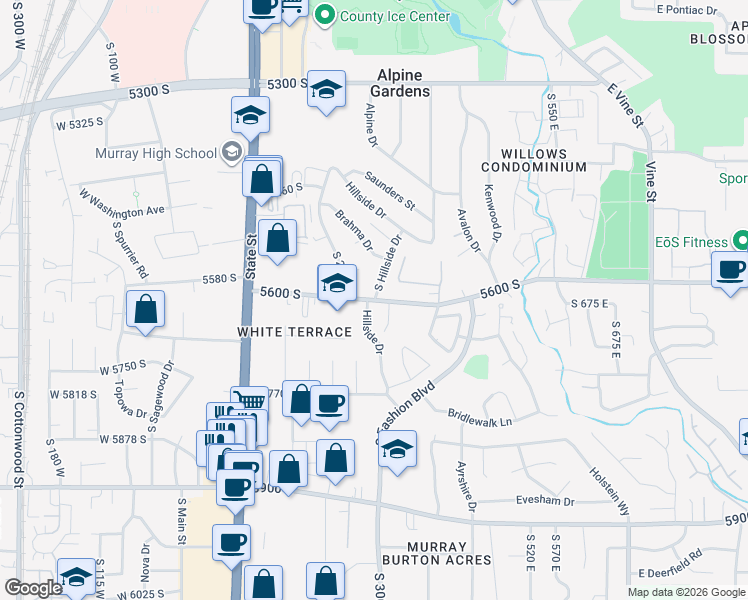 map of restaurants, bars, coffee shops, grocery stores, and more near 5769 South Hillside Drive in Murray