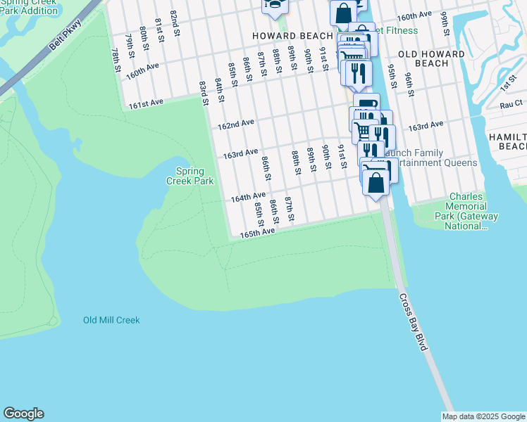 map of restaurants, bars, coffee shops, grocery stores, and more near 164-38 85th Street in Queens
