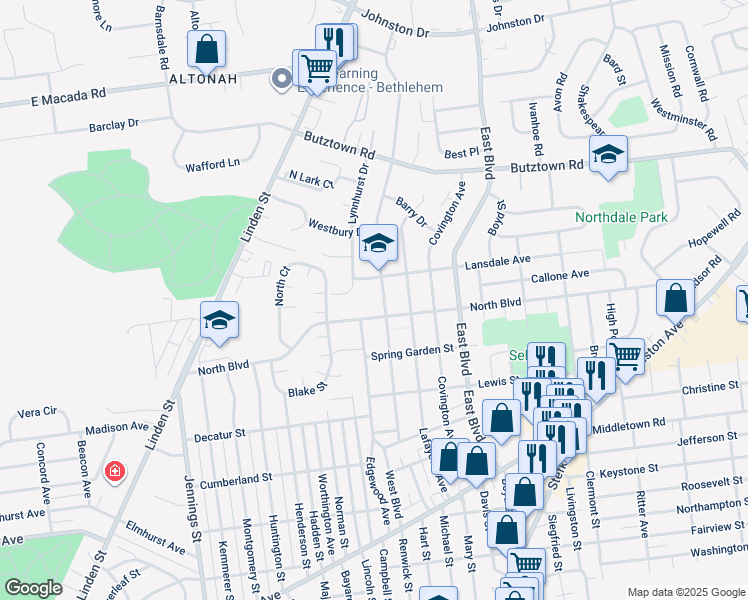 map of restaurants, bars, coffee shops, grocery stores, and more near 2521 West Boulevard in Bethlehem