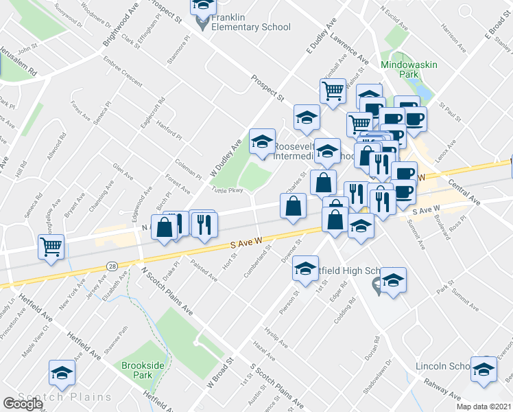 map of restaurants, bars, coffee shops, grocery stores, and more near 721 Westfield Avenue in Westfield