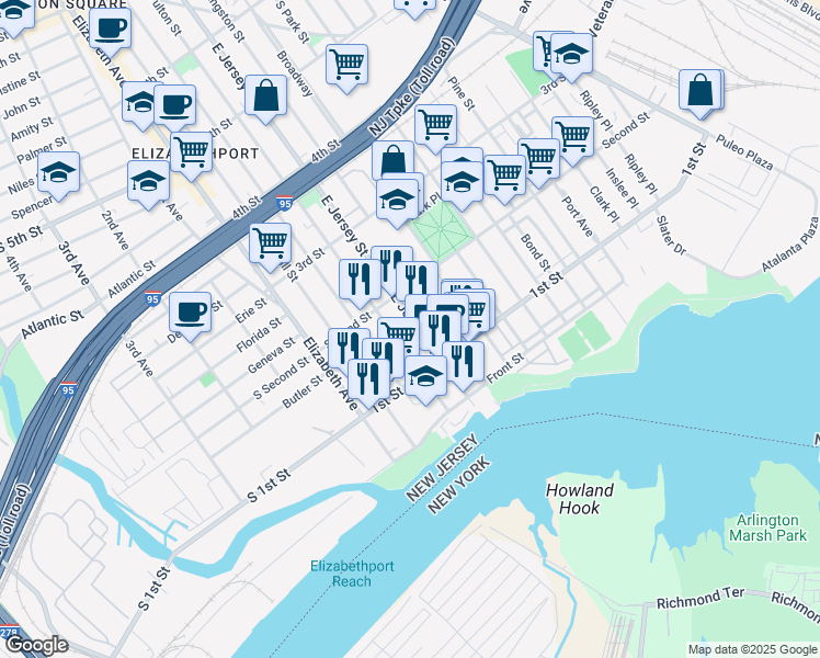 map of restaurants, bars, coffee shops, grocery stores, and more near 116 East Jersey Street in Elizabeth