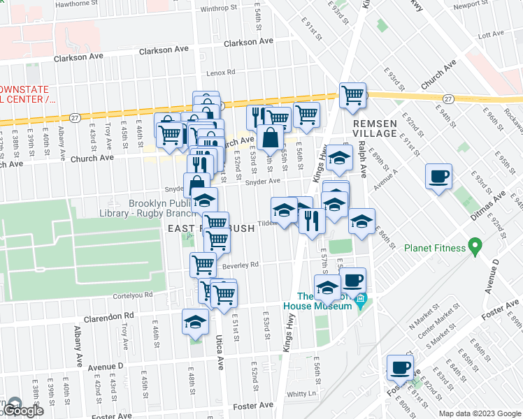 map of restaurants, bars, coffee shops, grocery stores, and more near 441 East 53rd Street in Brooklyn