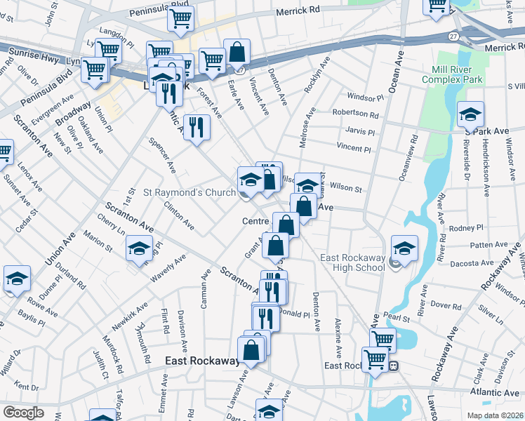 map of restaurants, bars, coffee shops, grocery stores, and more near 20 Carman Avenue in East Rockaway