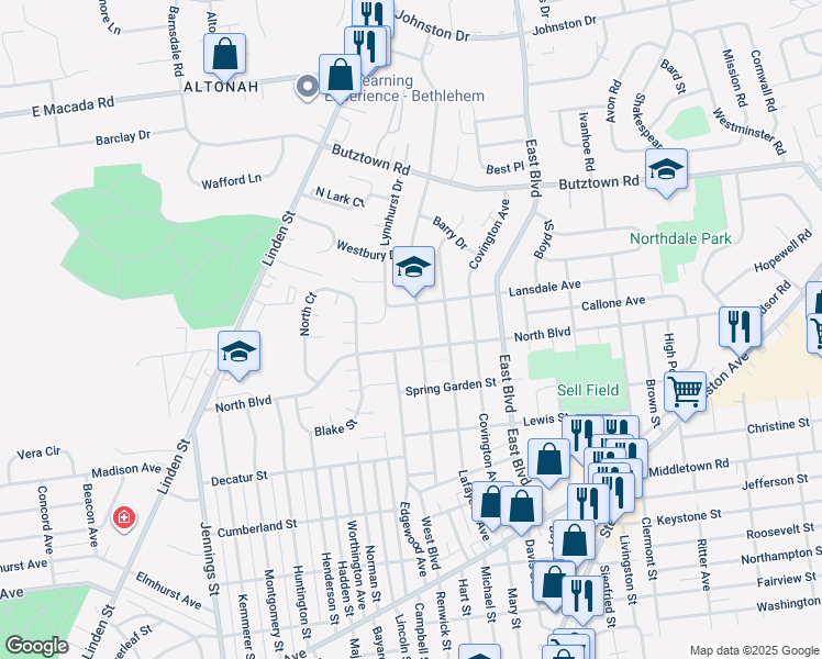 map of restaurants, bars, coffee shops, grocery stores, and more near 2521 West Boulevard in Bethlehem