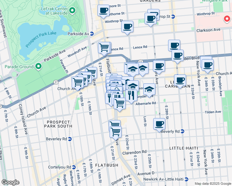 map of restaurants, bars, coffee shops, grocery stores, and more near 10 Snyder Avenue in Brooklyn