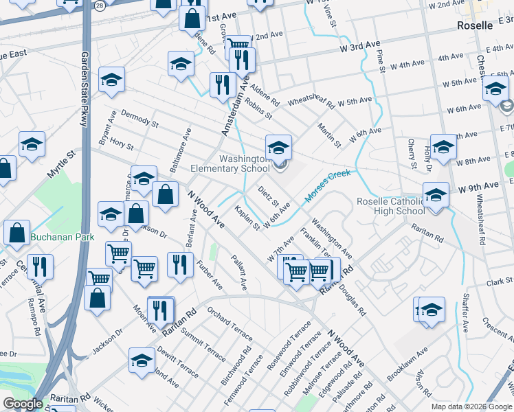 map of restaurants, bars, coffee shops, grocery stores, and more near 522 Hory Street in Roselle