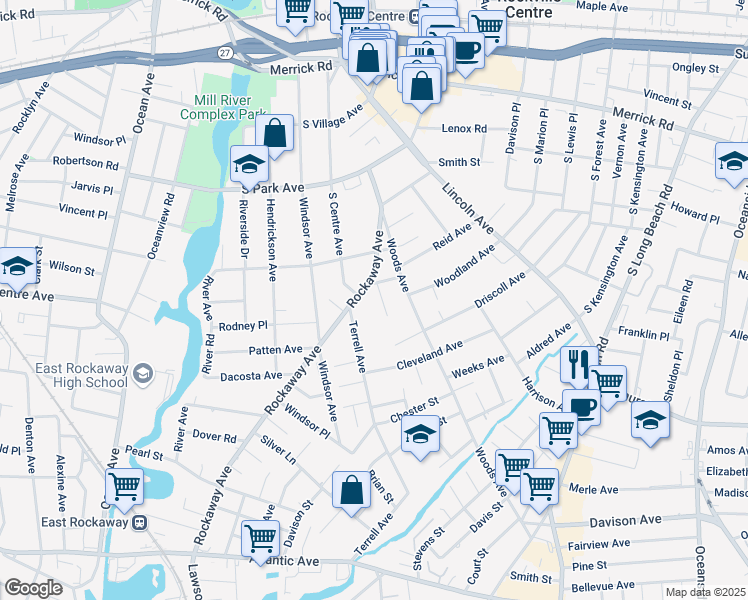 map of restaurants, bars, coffee shops, grocery stores, and more near 15 Terrell Avenue in Rockville Centre