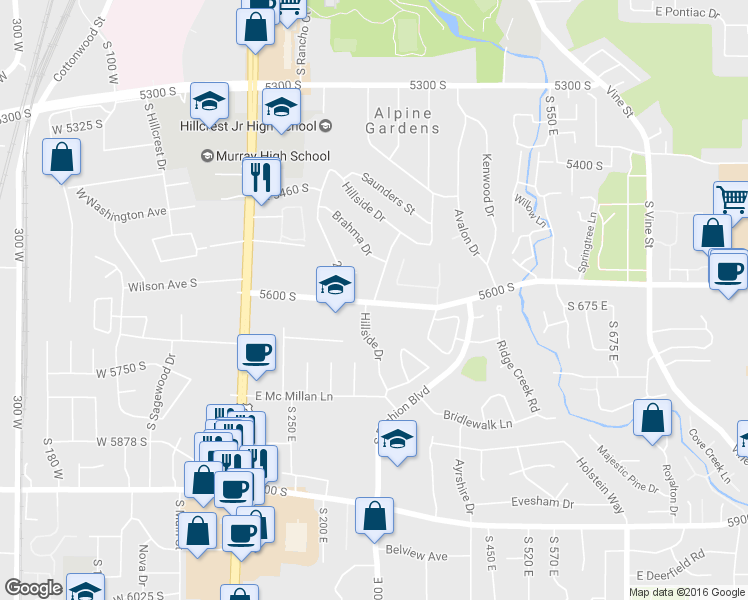 map of restaurants, bars, coffee shops, grocery stores, and more near 5597 South Hillside Drive in Murray