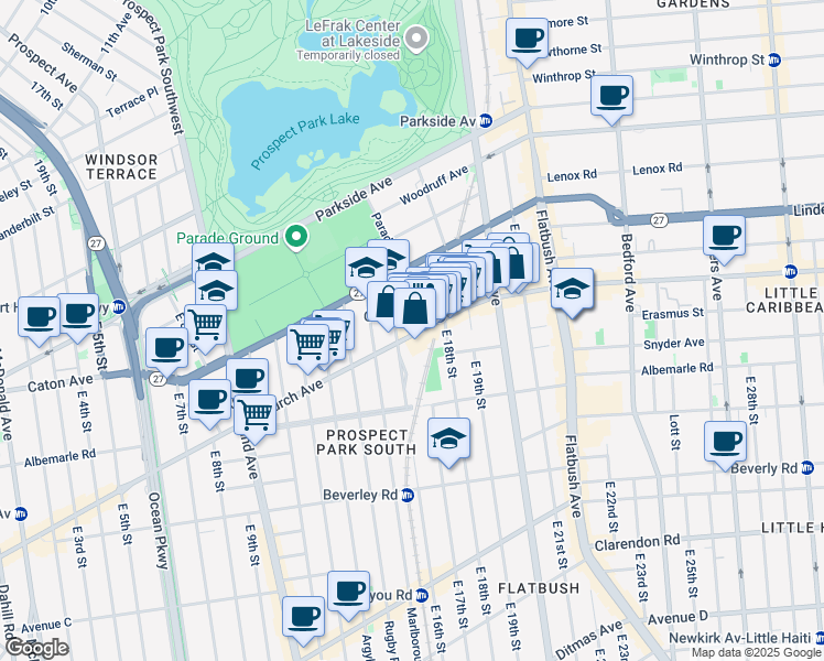 map of restaurants, bars, coffee shops, grocery stores, and more near 84 Buckingham Road in Brooklyn
