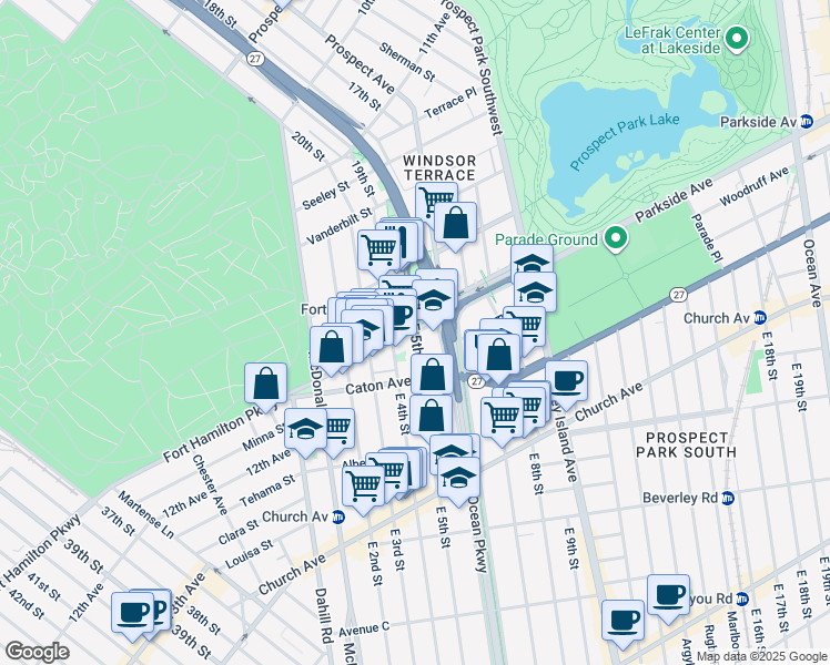 map of restaurants, bars, coffee shops, grocery stores, and more near Fort Hamilton Pkwy & E 5th St in Brooklyn