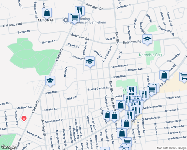 map of restaurants, bars, coffee shops, grocery stores, and more near 1256 North Boulevard in Bethlehem