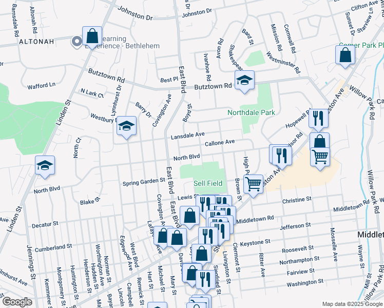 map of restaurants, bars, coffee shops, grocery stores, and more near 1527 North Boulevard in Bethlehem