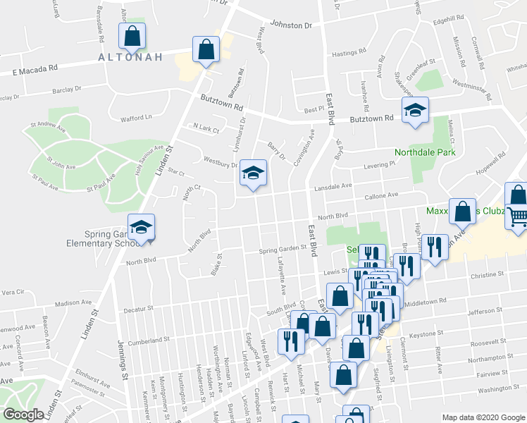 map of restaurants, bars, coffee shops, grocery stores, and more near 2518 West Boulevard in Bethlehem