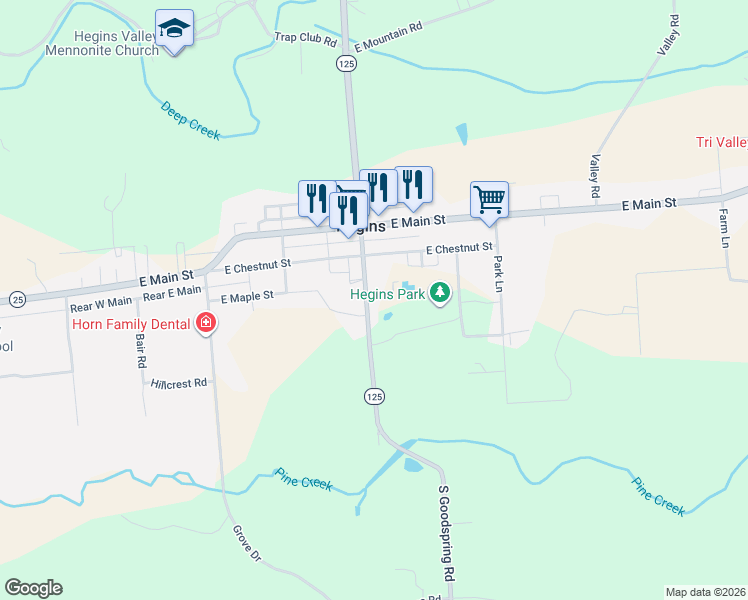 map of restaurants, bars, coffee shops, grocery stores, and more near 320 South Goodspring Road in Hegins