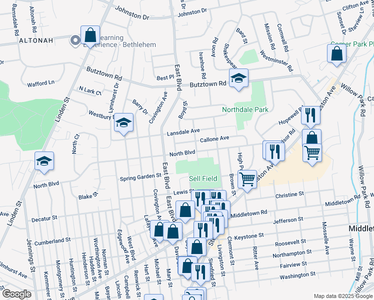 map of restaurants, bars, coffee shops, grocery stores, and more near 1527 North Boulevard in Bethlehem