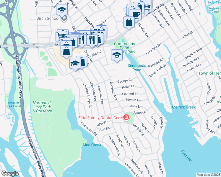 map of restaurants, bars, coffee shops, grocery stores, and more near 1859 Leonard Lane in Merrick