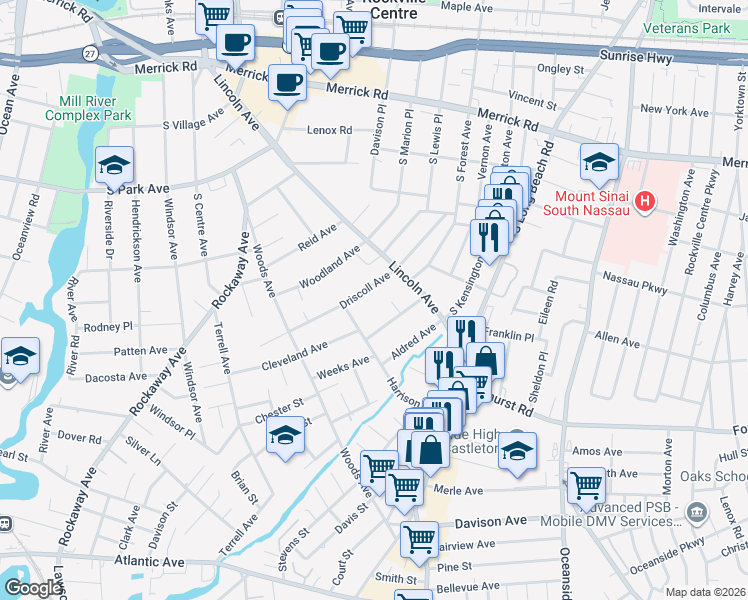 map of restaurants, bars, coffee shops, grocery stores, and more near 21 Harrison Avenue in Rockville Centre