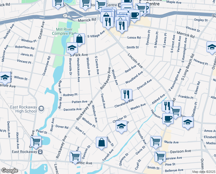 map of restaurants, bars, coffee shops, grocery stores, and more near 15 Terrell Avenue in Rockville Centre