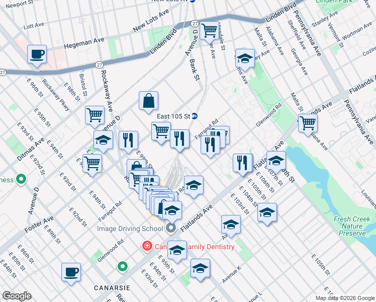 map of restaurants, bars, coffee shops, grocery stores, and more near 639 East 102nd Street in Brooklyn
