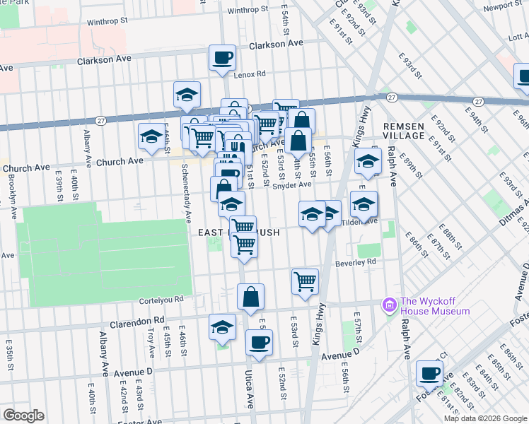 map of restaurants, bars, coffee shops, grocery stores, and more near 5101 Tilden Avenue in Brooklyn