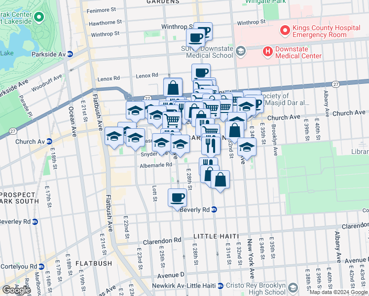 map of restaurants, bars, coffee shops, grocery stores, and more near 2701 Albemarle Road in Brooklyn