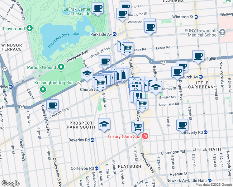 map of restaurants, bars, coffee shops, grocery stores, and more near 575 Ocean Avenue in Brooklyn