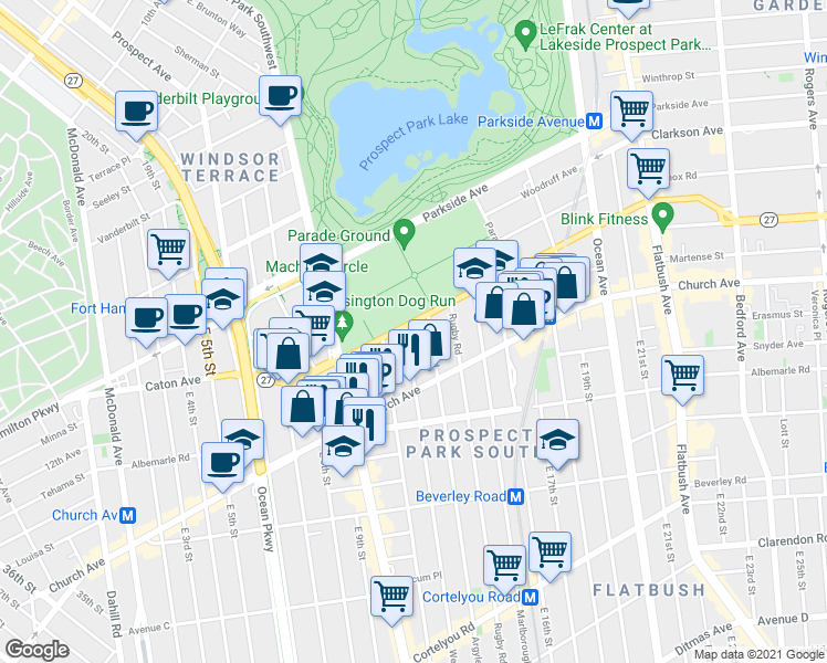 map of restaurants, bars, coffee shops, grocery stores, and more near 40 Argyle Road in Brooklyn