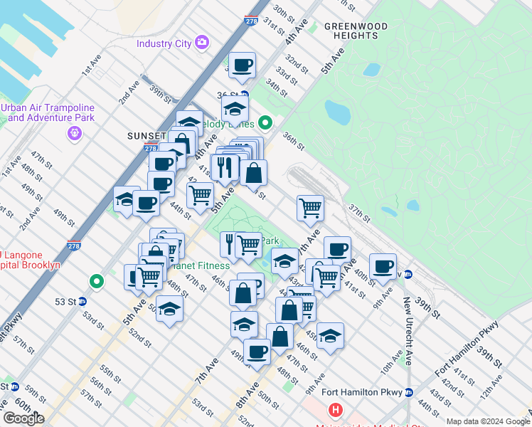 map of restaurants, bars, coffee shops, grocery stores, and more near 619 41st Street in Brooklyn